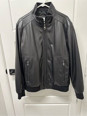 Calvin Klein Men’s Faux Leather Moto Jacket, Black , Large,NWT MSRP $225